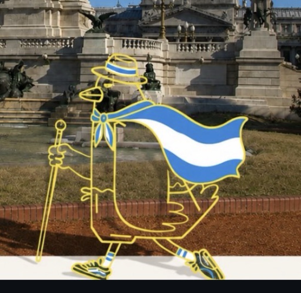 En la imagen se puede ver un dibujo animado de un pato vestido con elementos...