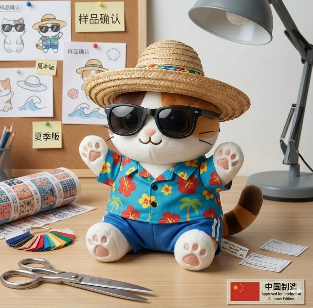 A plush toy cat dressed in a colorful Hawaiian shirt and sunglasses sits on a...