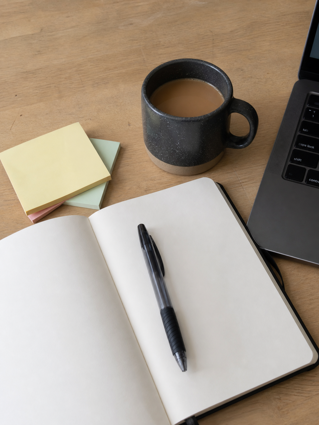The photo shows a workspace with a cup of coffee, a notebook, and a pen. Ther...
