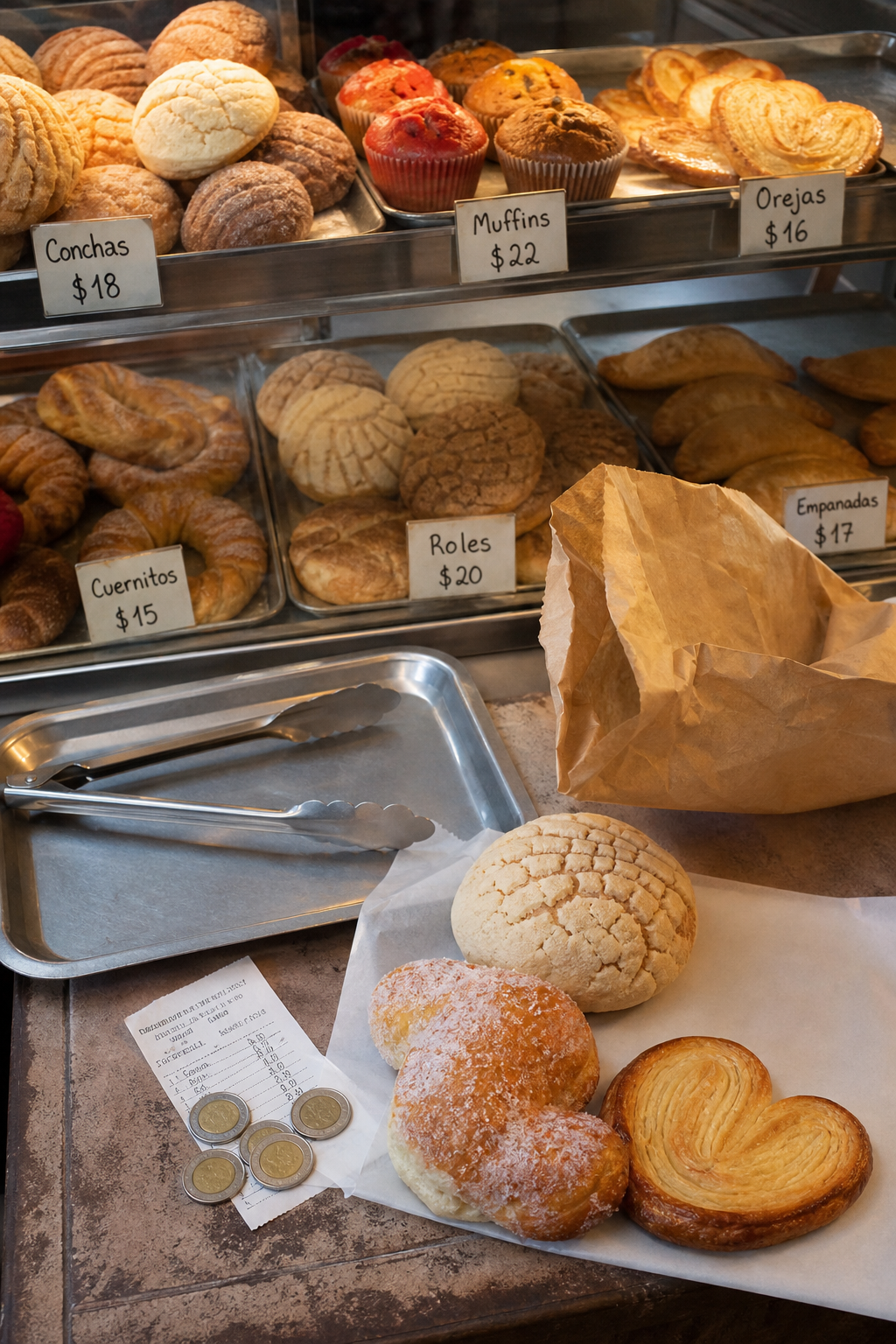 In the image, different types of bread and pastries are seen in a bakery. The...