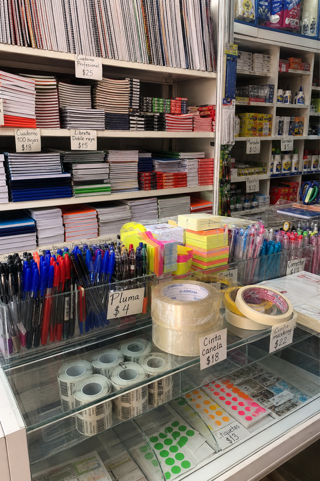 Hay una tienda de papelería con muchos artículos. En la mesa, hay plumas, cin...