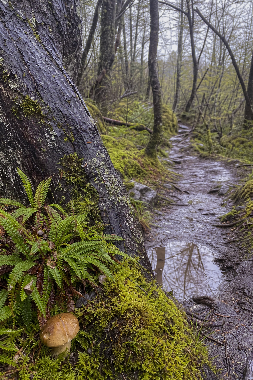 In the image, there is a forest with a wet path. On the left, there is a mush...