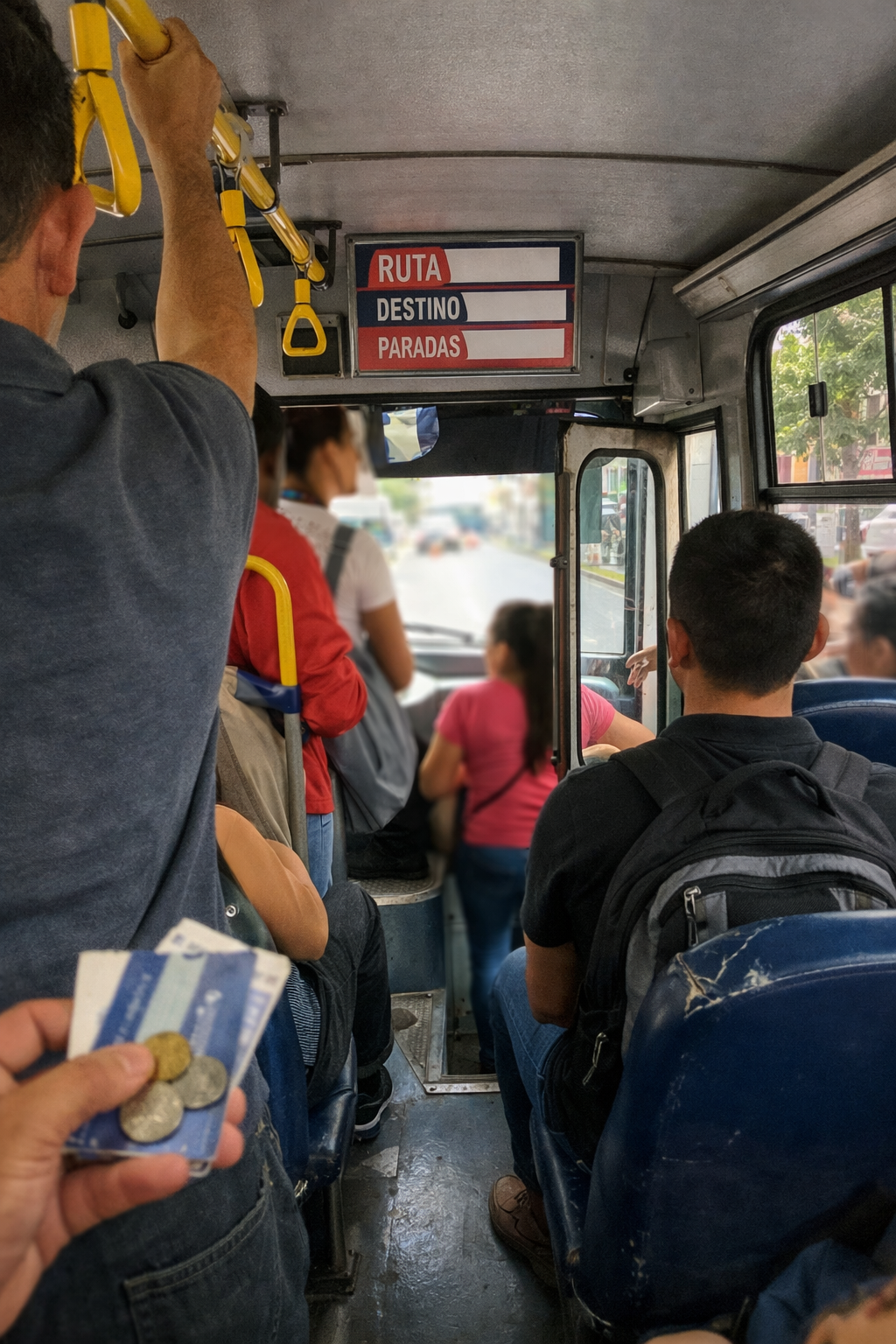 In the image, there are people on a bus. A sign indicates the route and stops...