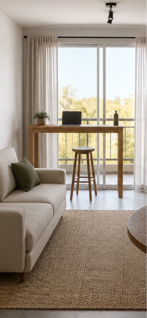 A sala de estar é iluminada e minimalista, com um sofá claro e uma mesa de tr...