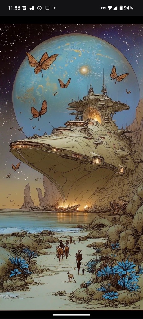 A cena retrata uma nave espacial imponente flutuando sobre uma praia tranquil...